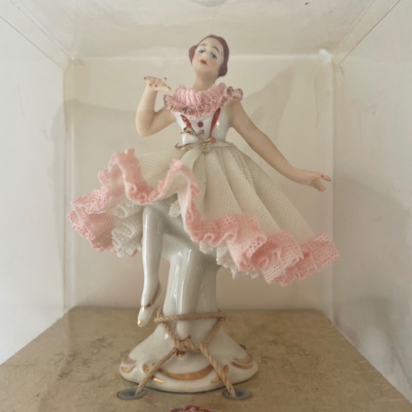 Vintage Porcelain Dresden Lace Ballerina Figurine Pink White Gold Original Box